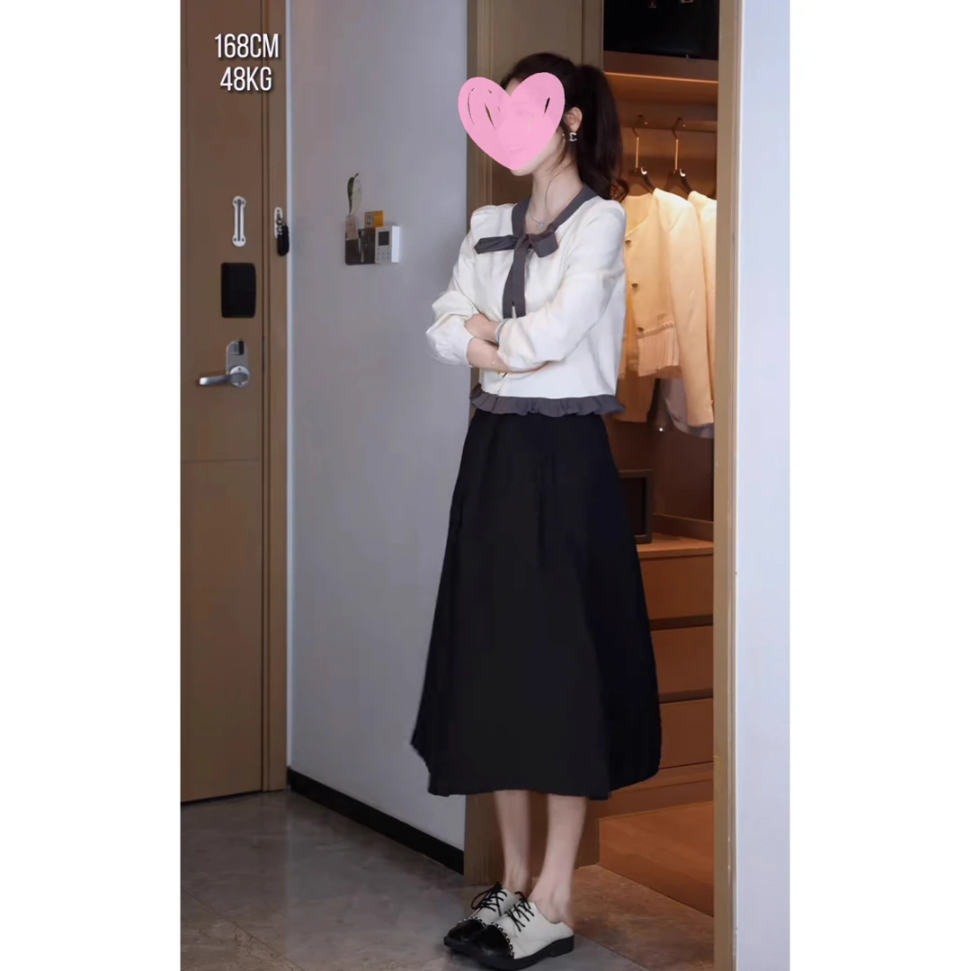 张元一女装同款高腰a字半身裙女秋季款学院风百褶裙黑色中长裙子