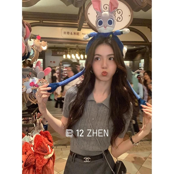 2025春夏韩版纽扣polo领老钱风减龄麻花短款设计感百搭针织衫短袖