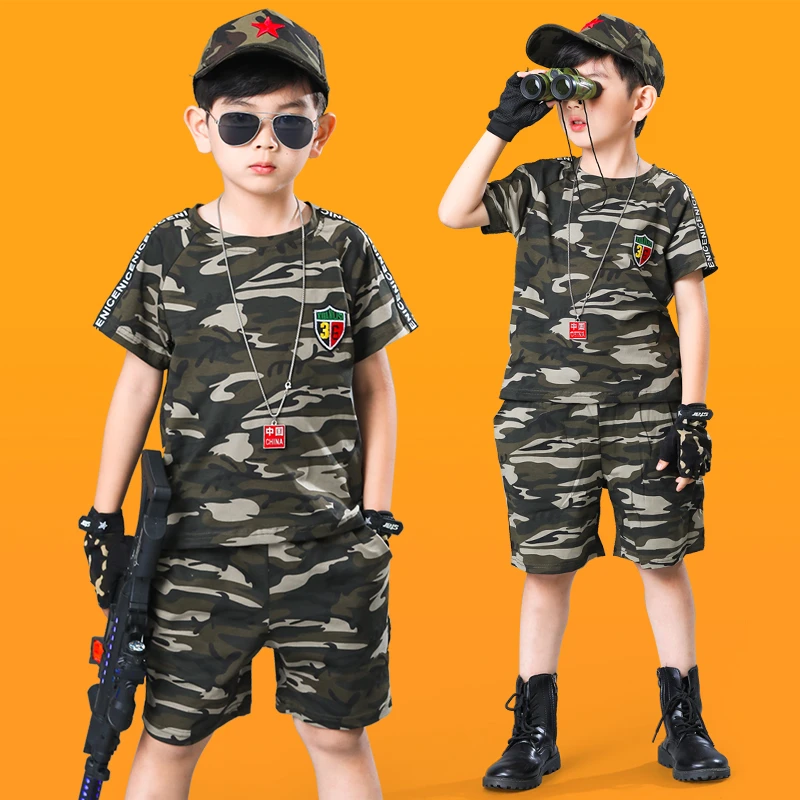 儿童迷彩服套装男童夏装短袖短裤套装警察特种兵中大童军训服军人
