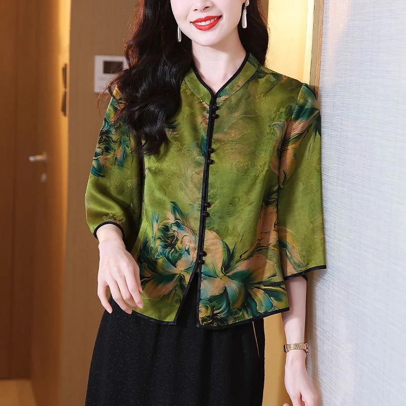 中老年妈妈国风上衣女新中式印花气质女七分袖立领民族风开衫高贵