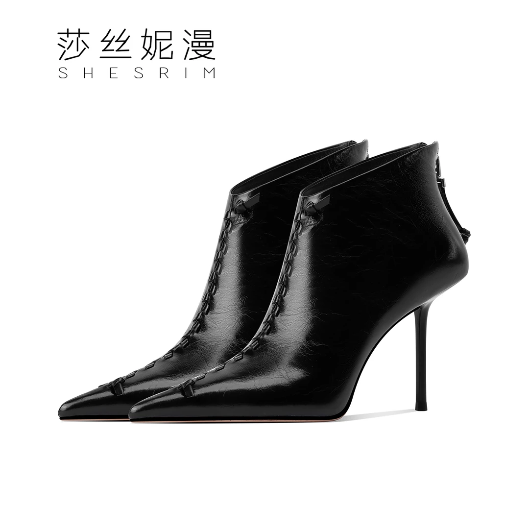 S480-2025蛇年短靴女秋冬新款黑色尖头细高跟时装靴时尚女士靴子