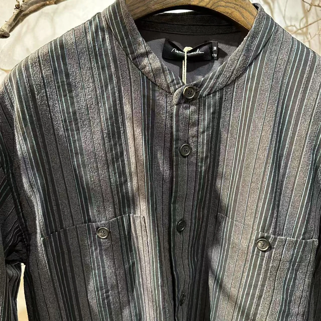 北纬三十度 原创设计师品牌男款春季潮流黑蓝间条纹圆领衬衫百搭