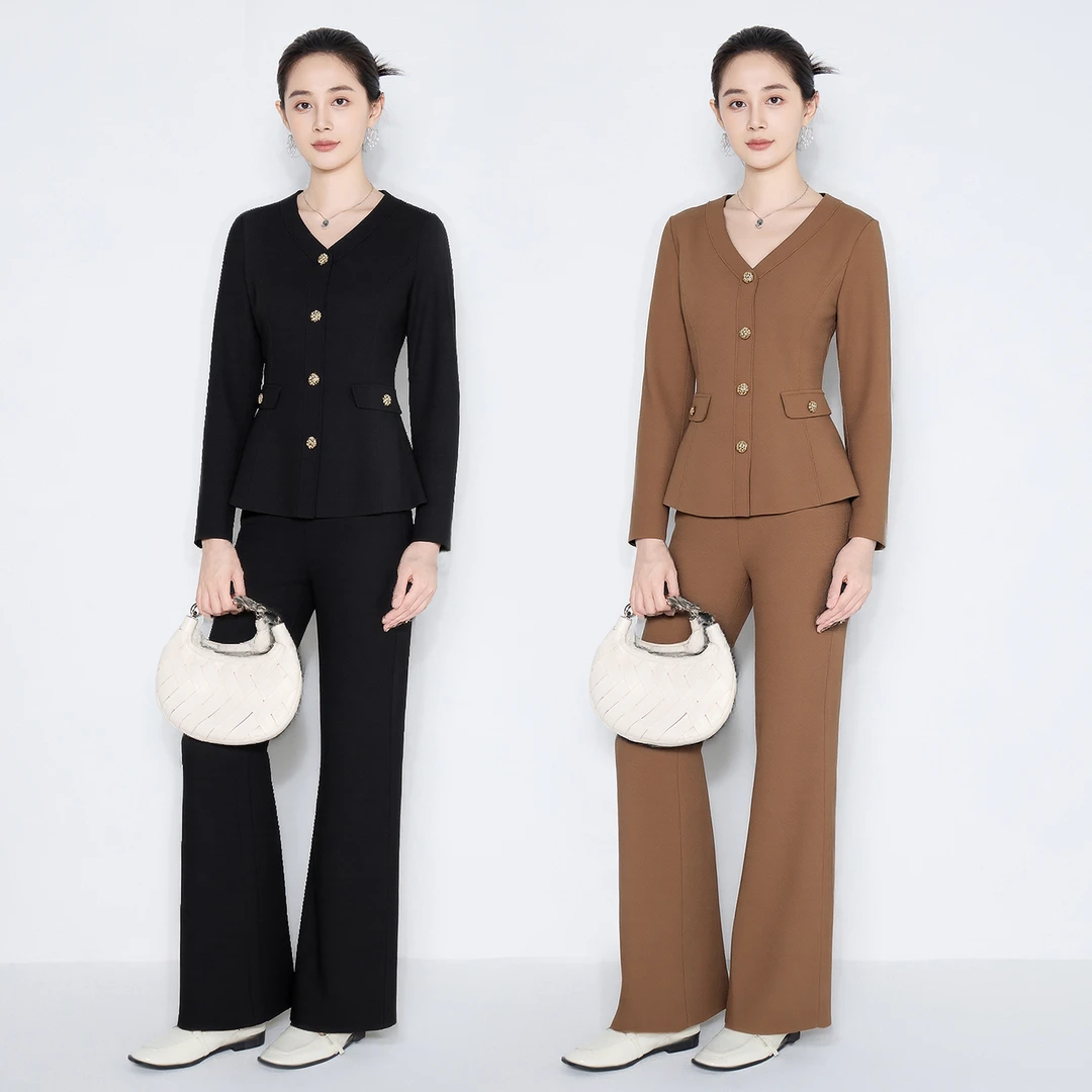 【娜娜甄选】马天奴V领修身上衣直筒裤子套装老风气质VHAD82STX0