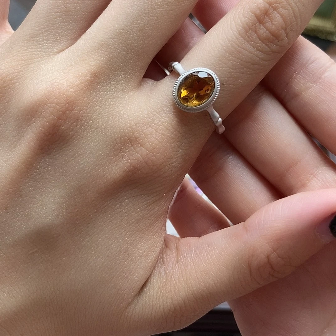 水晶戒指银S925镶嵌大**闲巴西黄