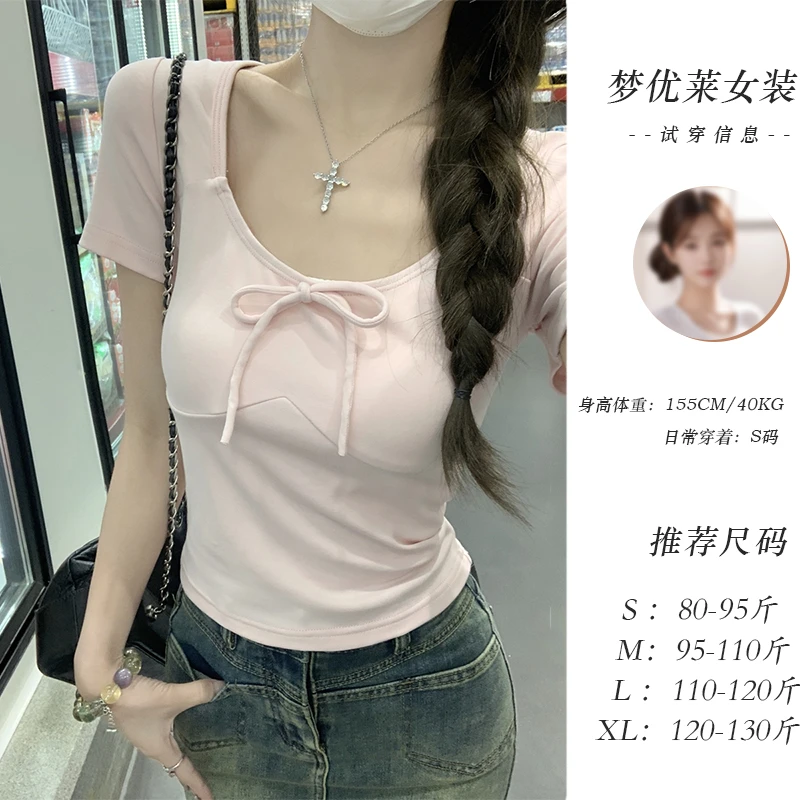梦优莱设计感小众蝴蝶结圆领短袖T恤女装夏季独特漂亮修身小上衣