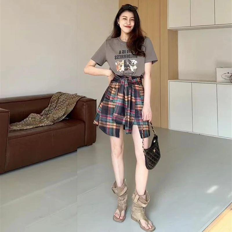 夏装搭配一整套休闲短袖T恤女今年流行不规则设计短裙子两件套装