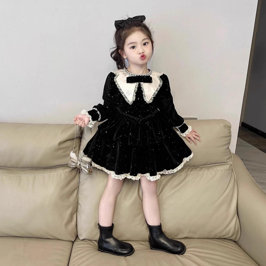 法式童装2025秋冬新款甜美红色花边娃娃领丝绒裙女宝宝高级感礼服