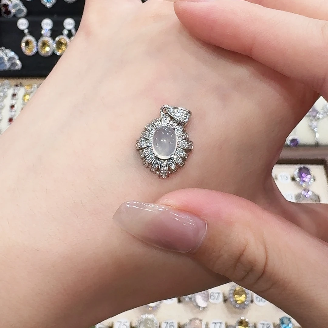 银S925镶嵌蛇纹石玉吊坠(不含链)