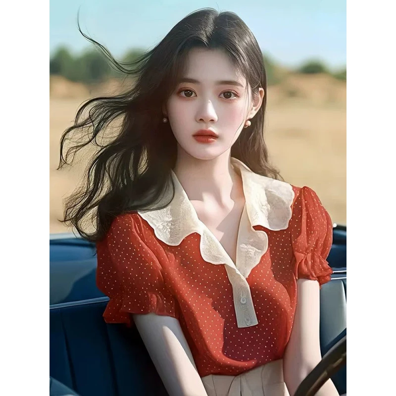 红色波点短袖衬衫女2025新款夏季宽松雪纺衫独特超好看泡泡袖上衣