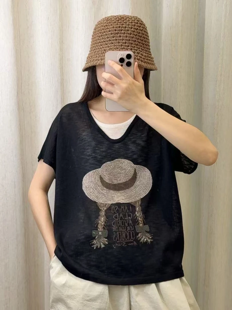 【草帽短袖】夏季百搭印花时尚休闲宽松潮流重工半袖女2581