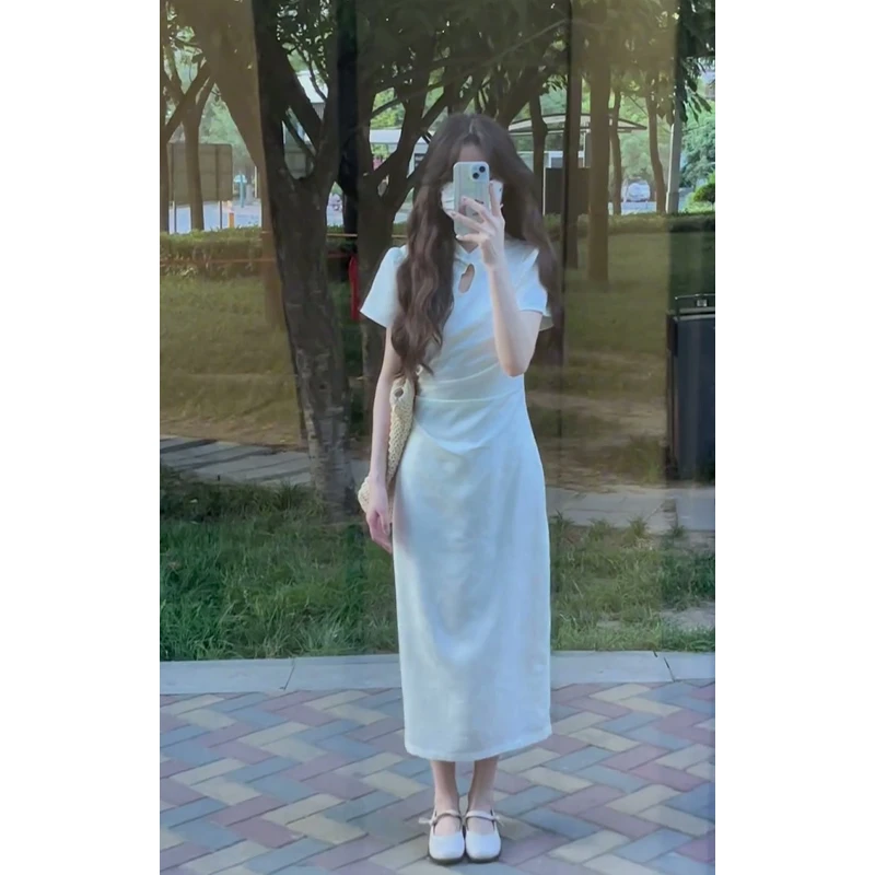 设计感立领连衣裙2025夏季新款法式清冷感短袖收腰显瘦中长款裙子