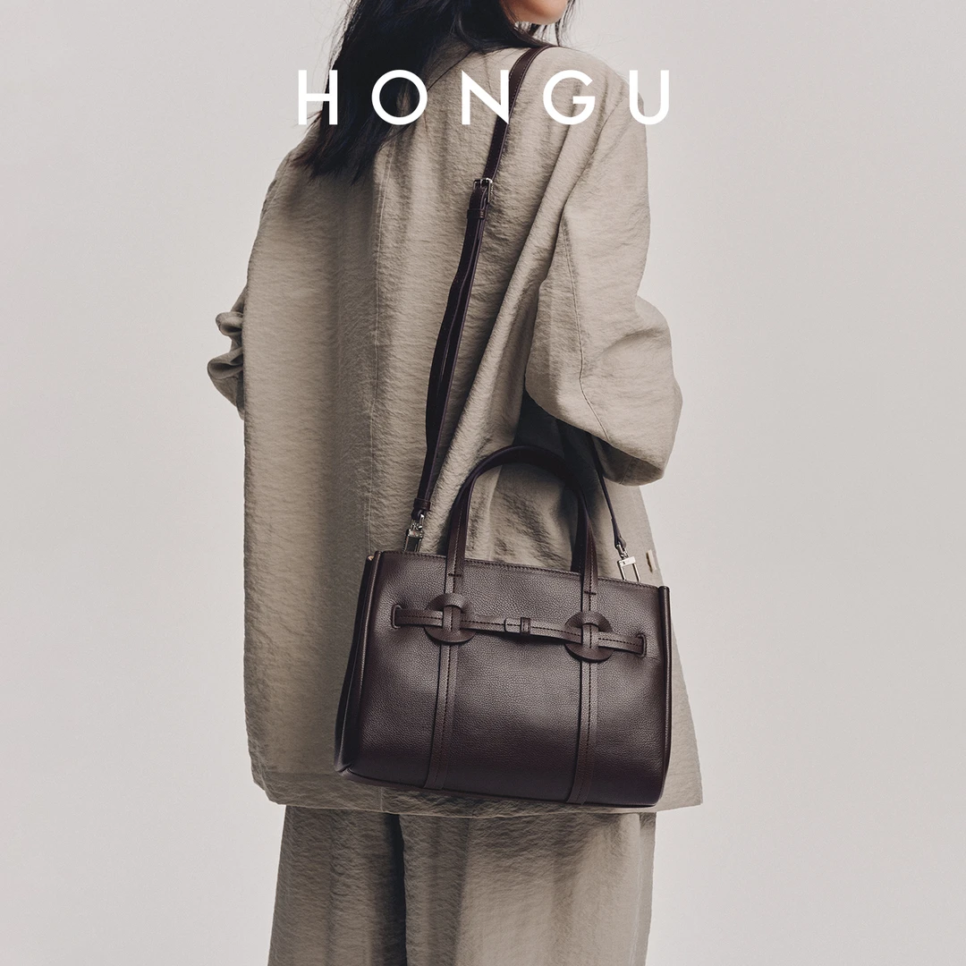 HONGU/红谷新款质感真皮单肩手提包高级感通勤大容量手拎包女包