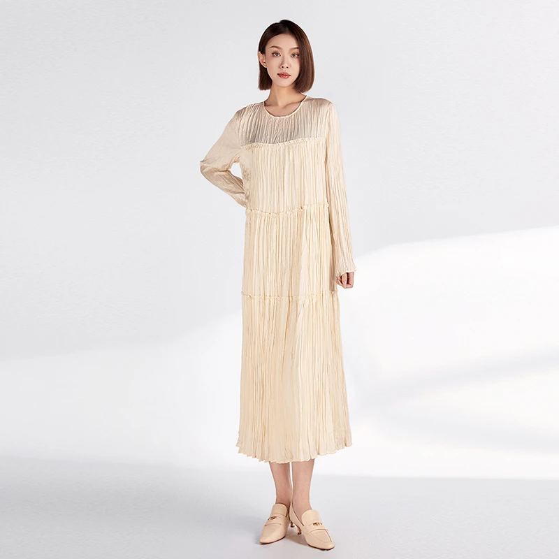 阿玛施AMASS松紧腰压褶长袖女装连衣裙时尚气质宽松长裙女5500445