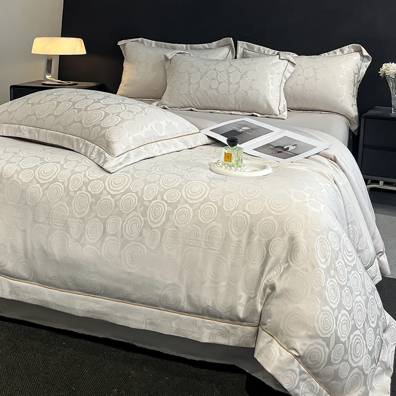 贡缎提花凉感丝四件套轻奢简约单人被套丝滑床单裸睡高密度床品