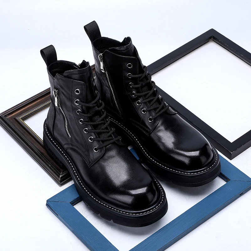 U7品牌男鞋 头层牛皮时尚百搭厚底高帮男士休闲马丁靴