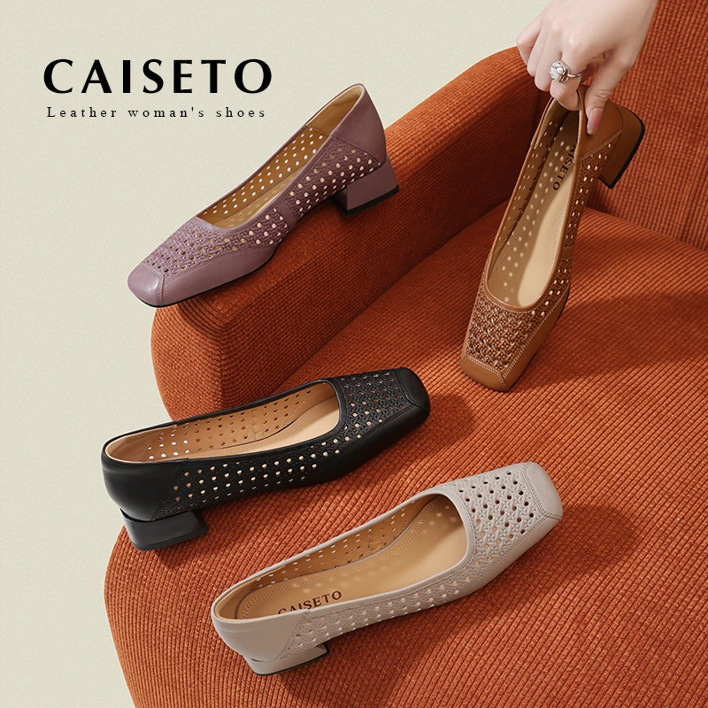 头层羊皮/3.5cm新款方头时尚镂空百搭低跟单鞋通勤舒适平底鞋D323