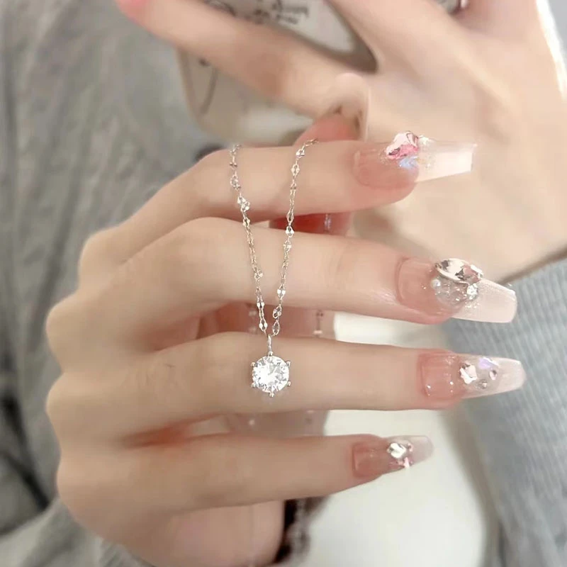 坠链均925银 六爪单钻项链女纯银轻奢小众高级感超闪钻锁骨链饰品