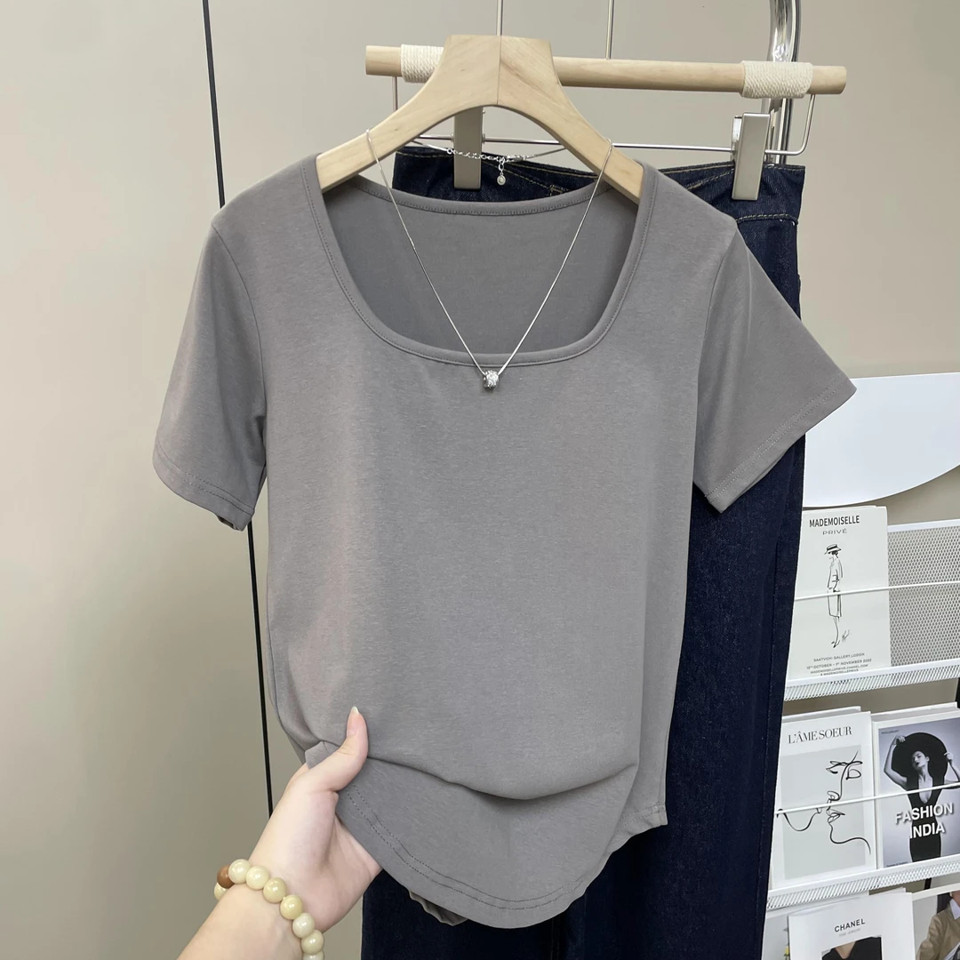 大码200斤简约风小众方领正肩设计感遮肚显瘦百搭短袖t恤女上衣潮