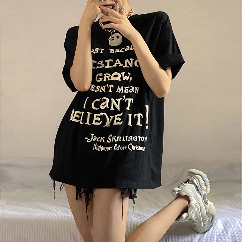 复古美式黑色字母印花短袖t恤女2025夏季新款炸街酷ins穿搭上衣