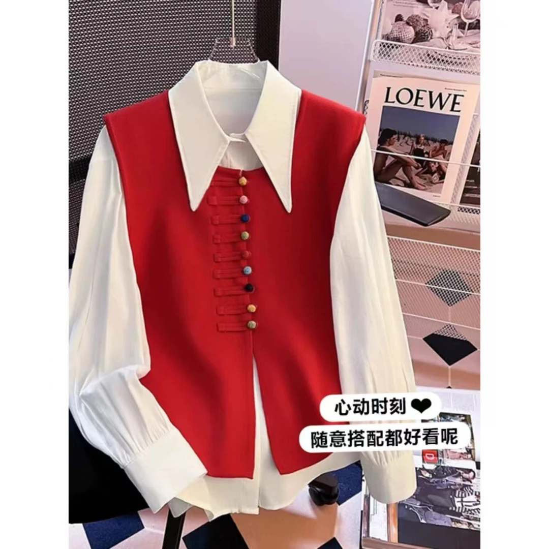 新中式国风叠穿显瘦马甲衬衫两件套