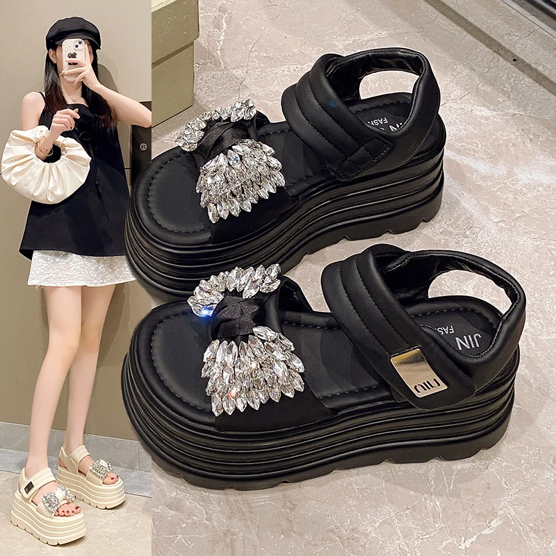法式配裙子蝴蝶结水钻沙滩凉鞋女2025夏季新款百搭魔术贴罗马凉鞋