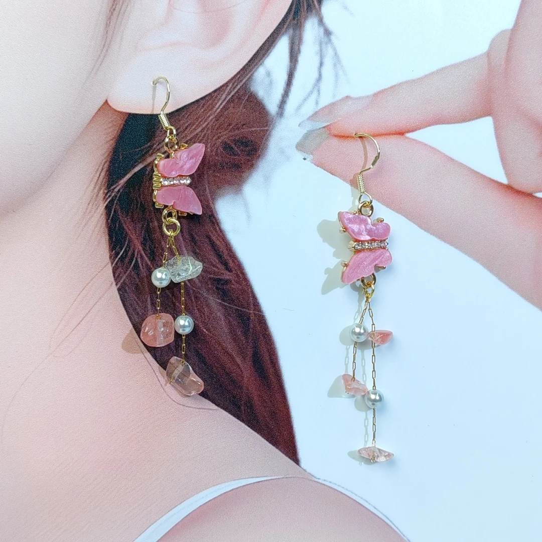 非金属合成锆石耳饰 A85小众设计手作耳环蝴蝶耳线气质复古流苏