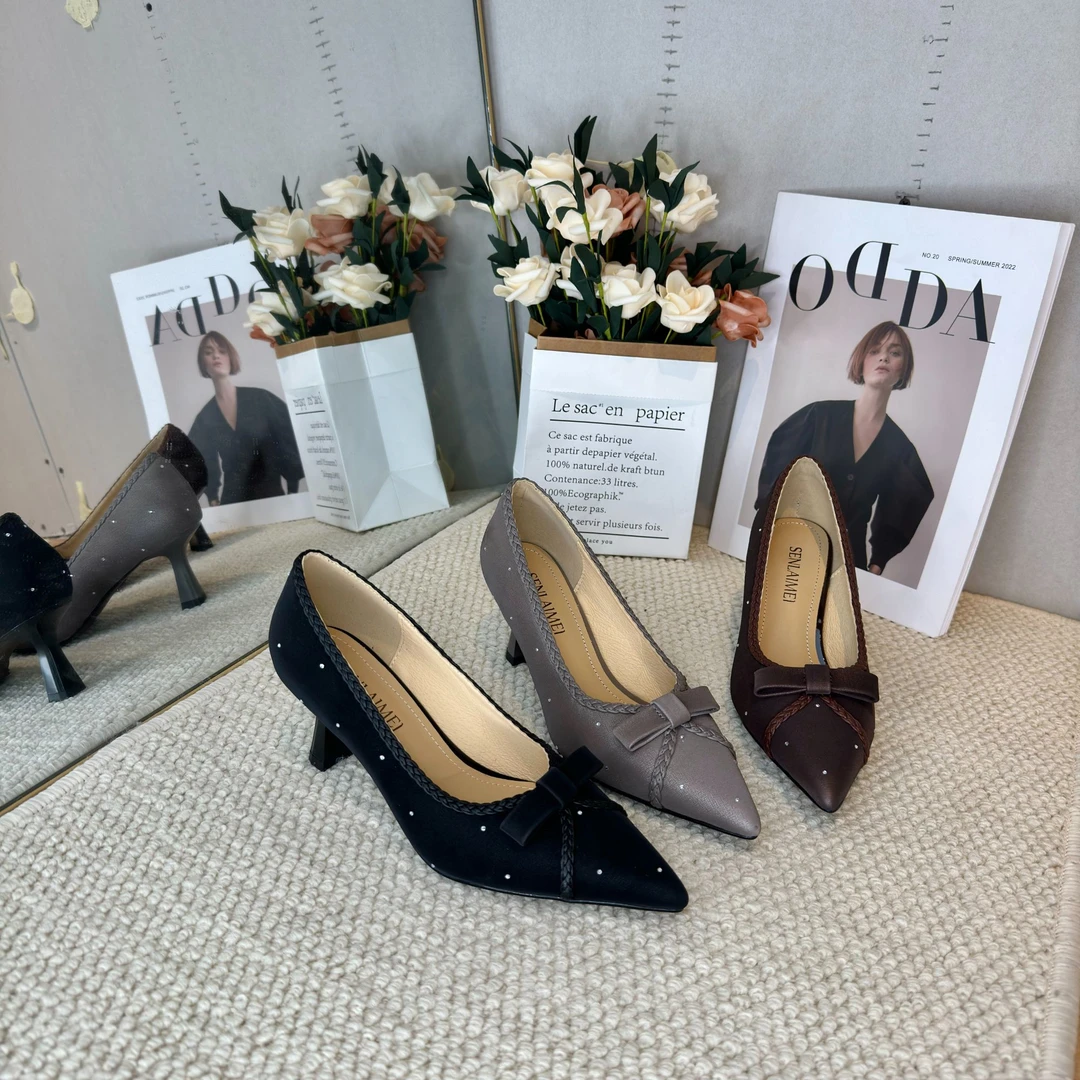 【早春款】SLM/牛皮/6CM/33-40/9047新款蝴蝶结尖头高跟百搭小单鞋