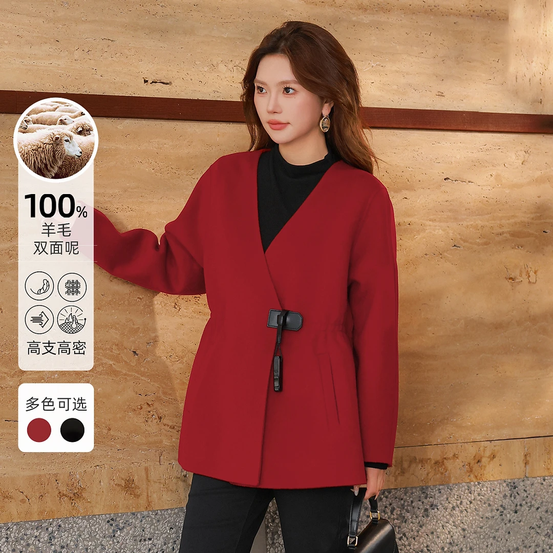 【100%绵羊毛双面毛呢】MsShe大码女春装PU皮搭扣外套M2410079