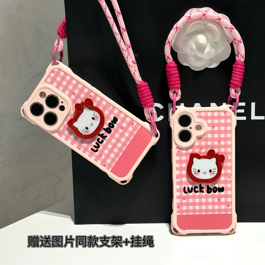 luck格子kitty支架挂绳适用iPhone苹果16手机壳华为vivoppo小米15
