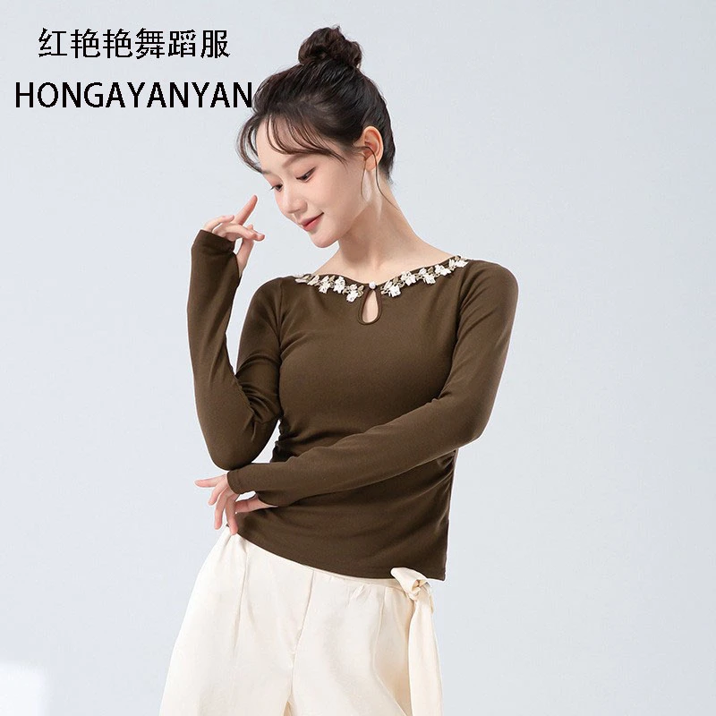 古典舞长袖上衣现代舞练功服女花朵蕾边领长袖上衣跳舞日常舞蹈服