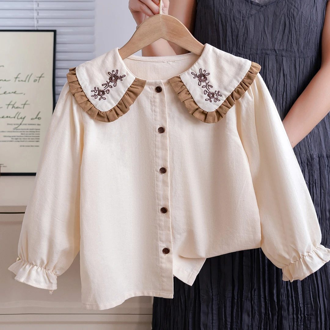 女童棉质娃娃衫刺绣儿童上衣春秋2025新款长袖洋气上衣小女孩衬衫