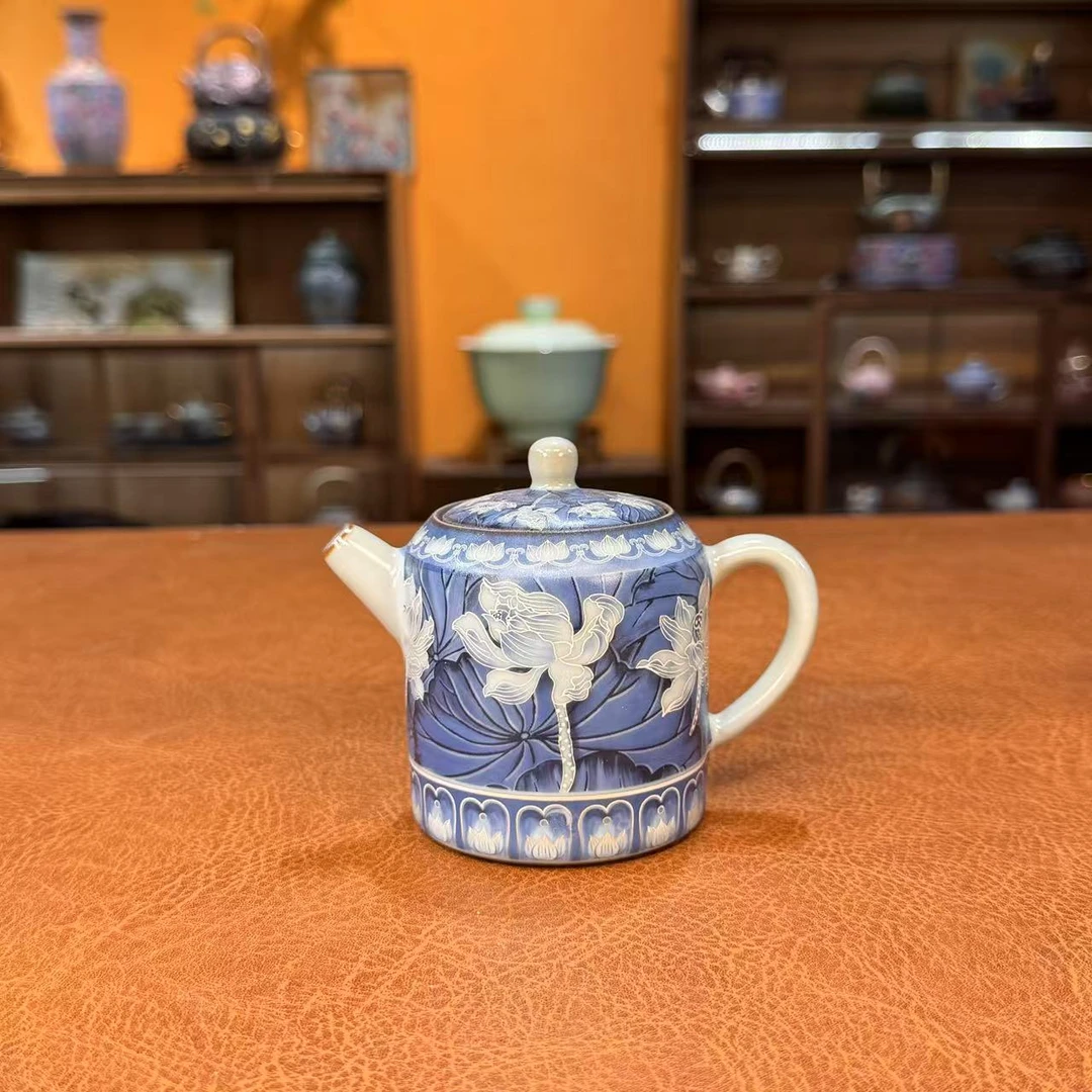 心名茶器 蓝彩荷花【四方壶】-2953