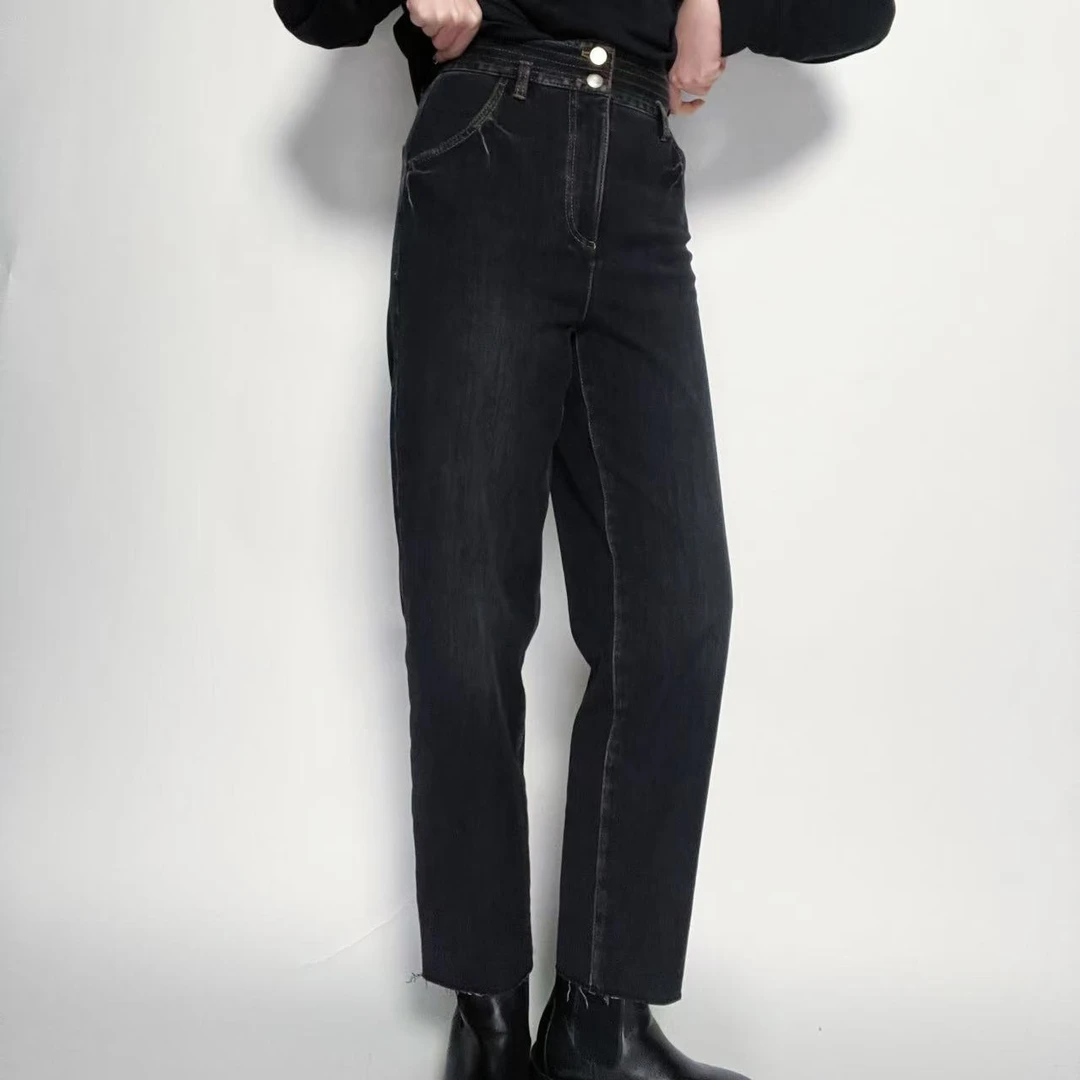 AMASS/阿玛施时尚宽松休闲高腰百搭显瘦加绒牛仔裤直筒5100324