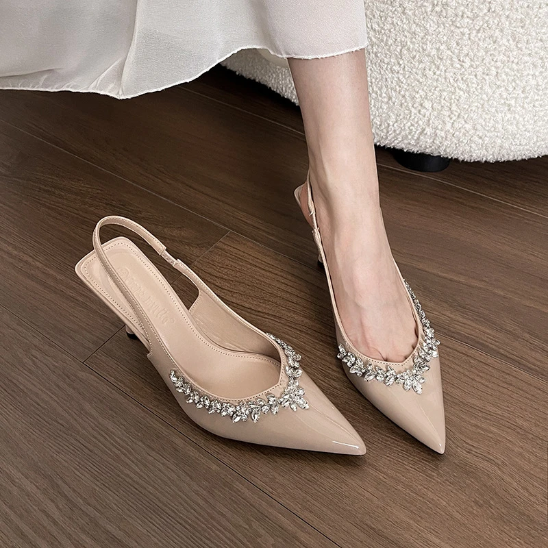 夏季温柔法式尖头水钻浅口细高跟鞋女后空高跟凉鞋女时尚百搭气质