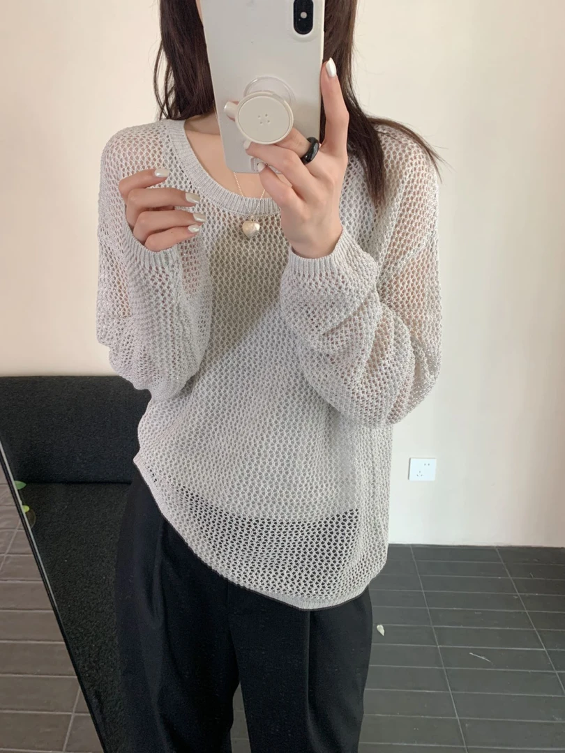 【素简.500121】春款上新亚麻亮片纱镂空两件套女装上新混纺针织衫