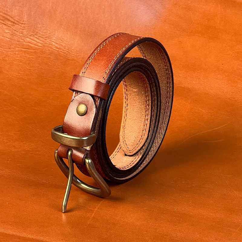 啸狼皮具手工头层牛皮女士皮带复古黄铜扣双边缝线真皮百搭裤腰带