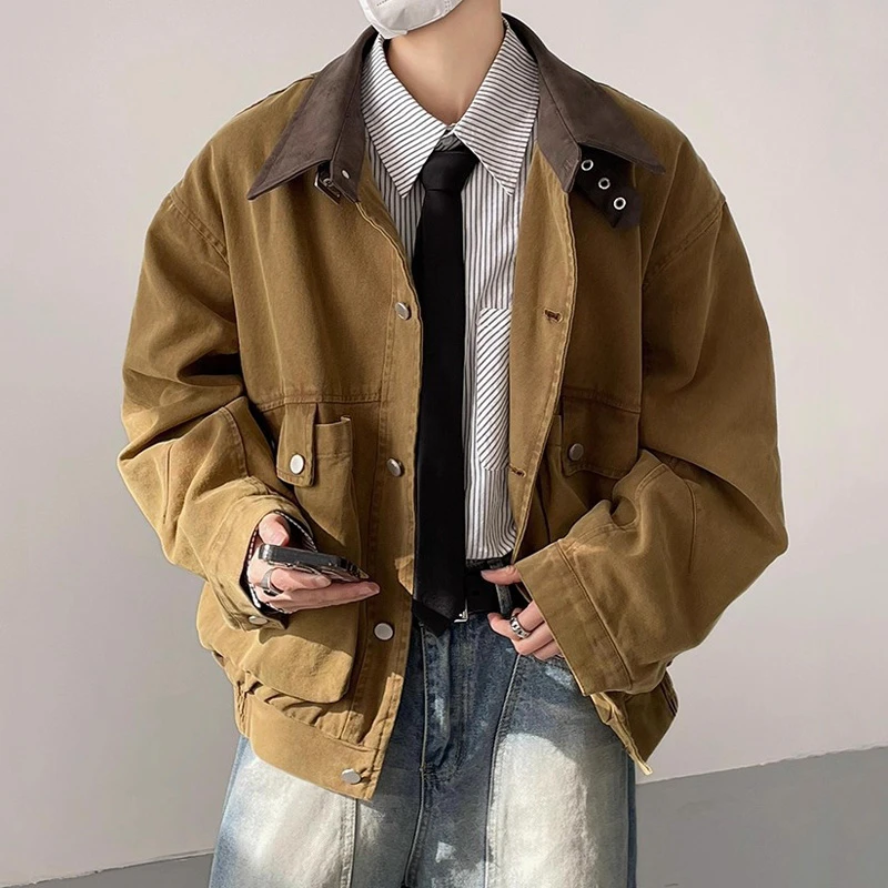 美式复古巴恩风立体大口袋工装外套男春秋做旧拼接翻领短款夹克潮