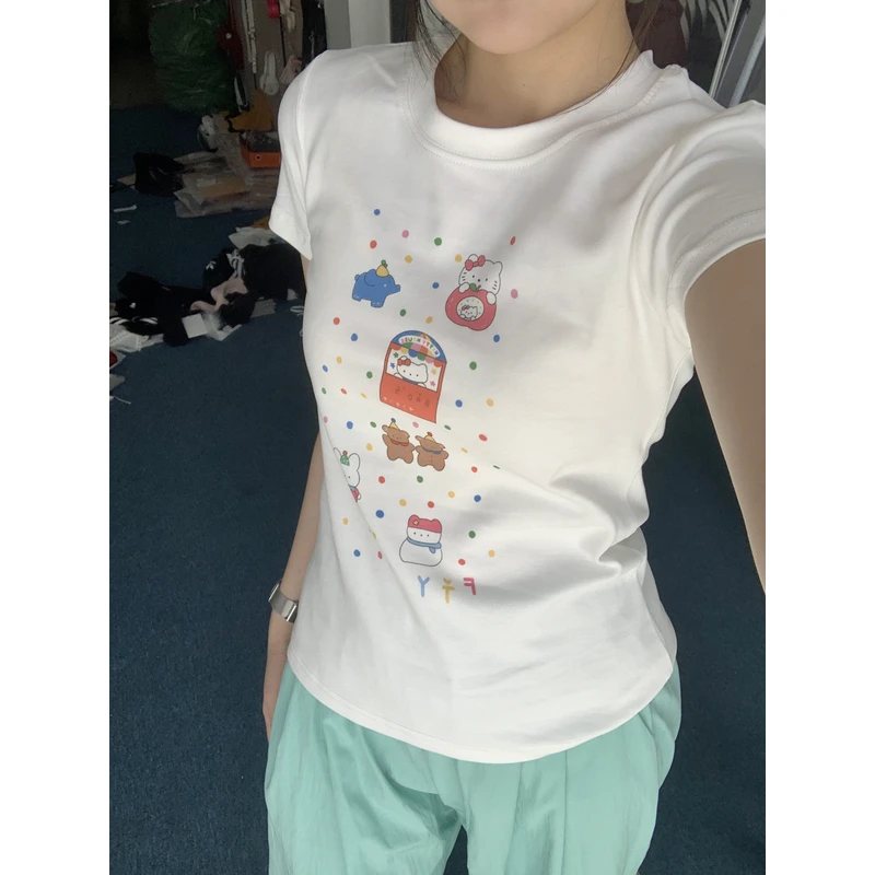 凡他姨【雪国列车】可爱KT印花T恤修身正肩圆领短袖掐腰显瘦上衣