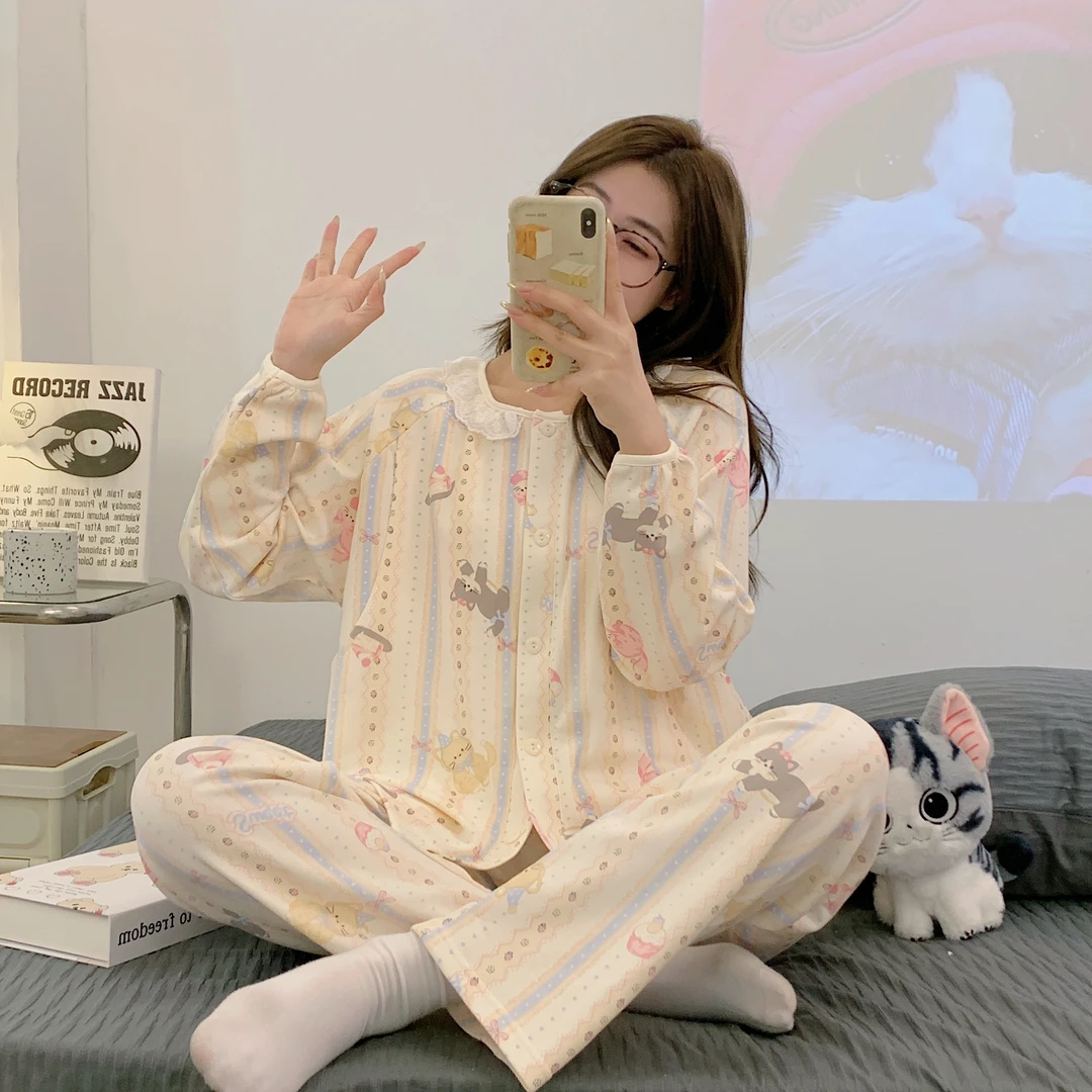 【云感棉-带胸垫】月子服待产长袖产后卡通月子服哺乳孕妇装