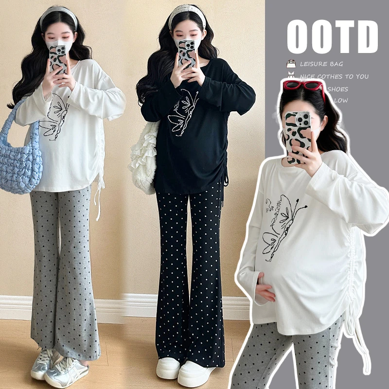 孕妇套装春季新款长袖蝴蝶印花T恤设计感上衣休闲波点裤子两件套