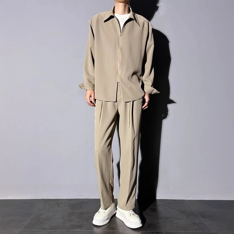 莱蒙璀高级感男士春秋季潮流套装韩系垂感拉链衬衣冰丝长袖衬衫