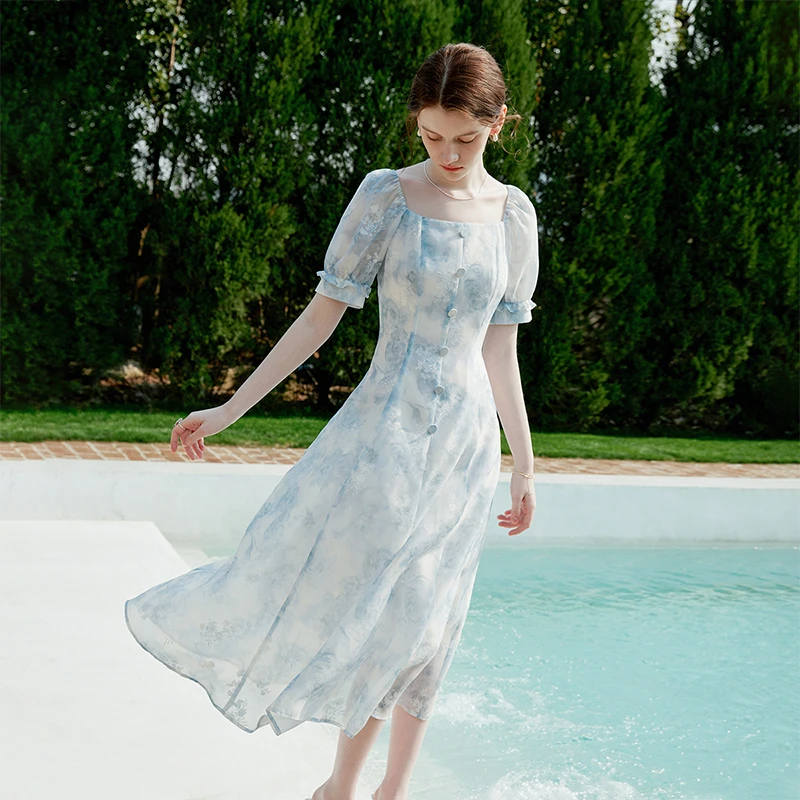 【大叔专属】范思蓝恩冰 蓝连衣裙女风裙24FS12221