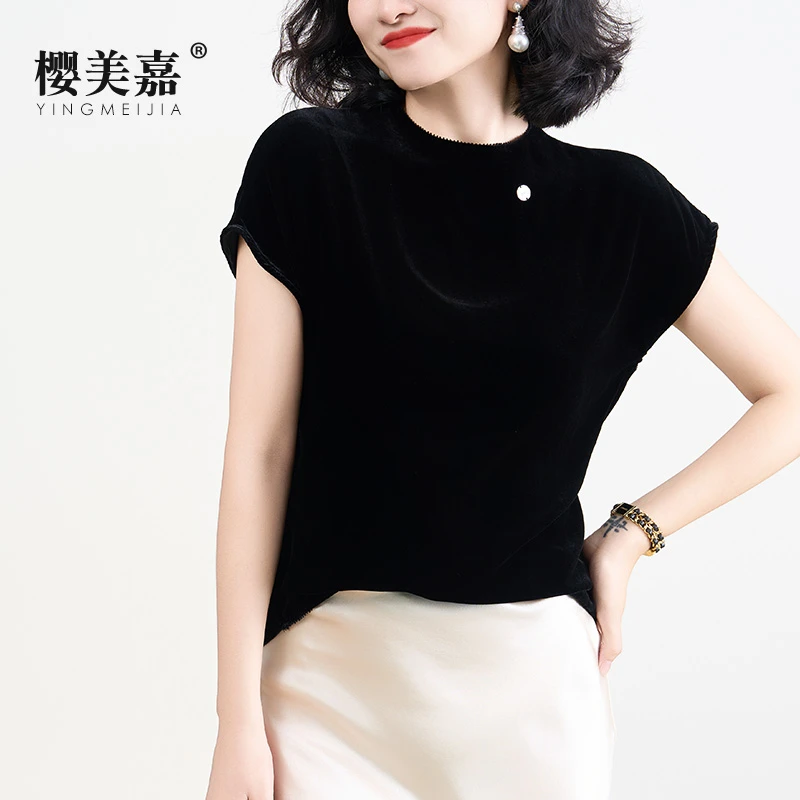 樱美嘉短袖黑色真丝丝绒上衣春夏新款气质简约女款桑蚕丝t恤小衫H