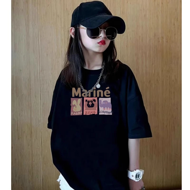 女童短袖t恤纯棉夏装新款儿童大童半袖宽松黑色夏款半袖上衣洋气