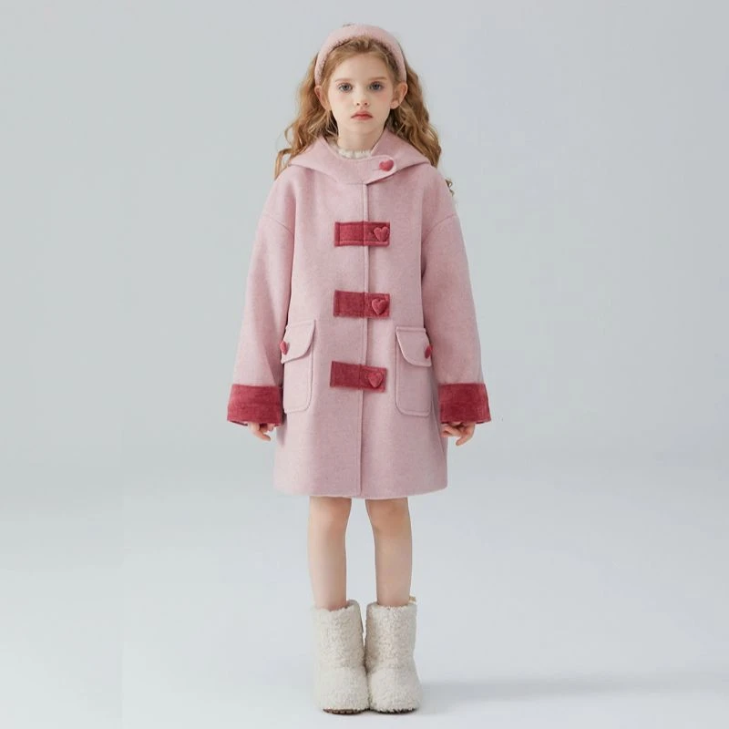 女童呢子外套2024新款冬季粉色新款连帽女大童中长款夹棉毛呢大衣