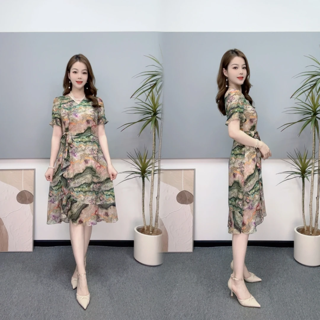 国风水墨画夏季短袖连衣裙女装裙子大码时尚修身气质母亲节礼物