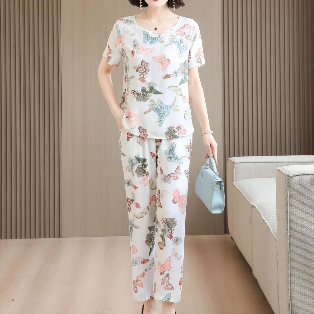 洋气妈妈夏装大码宽松遮肚显瘦气质减龄短袖阔腿长裤休闲两件套装