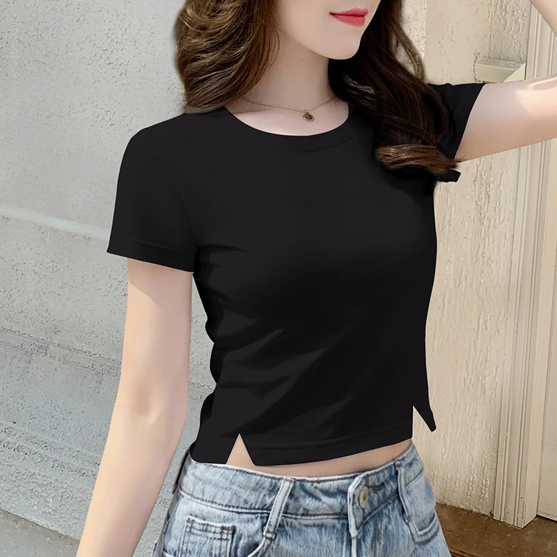 黑色短袖t恤女2025夏设计感开叉修身高腰小个子露脐半袖短款上衣