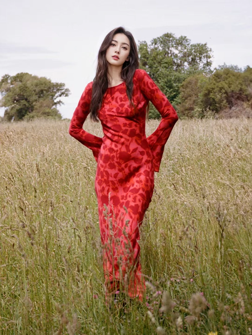 桑蚕丝时尚网红碎花连衣裙法式显瘦气质印花红色