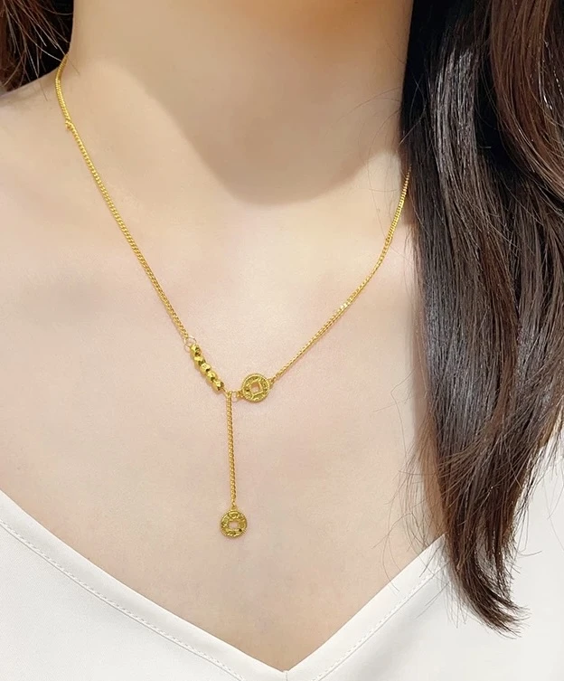 铜合金项链 网红同款碎冰冰铜钱蹦迪珠项链吊坠百搭金色复古轻奢